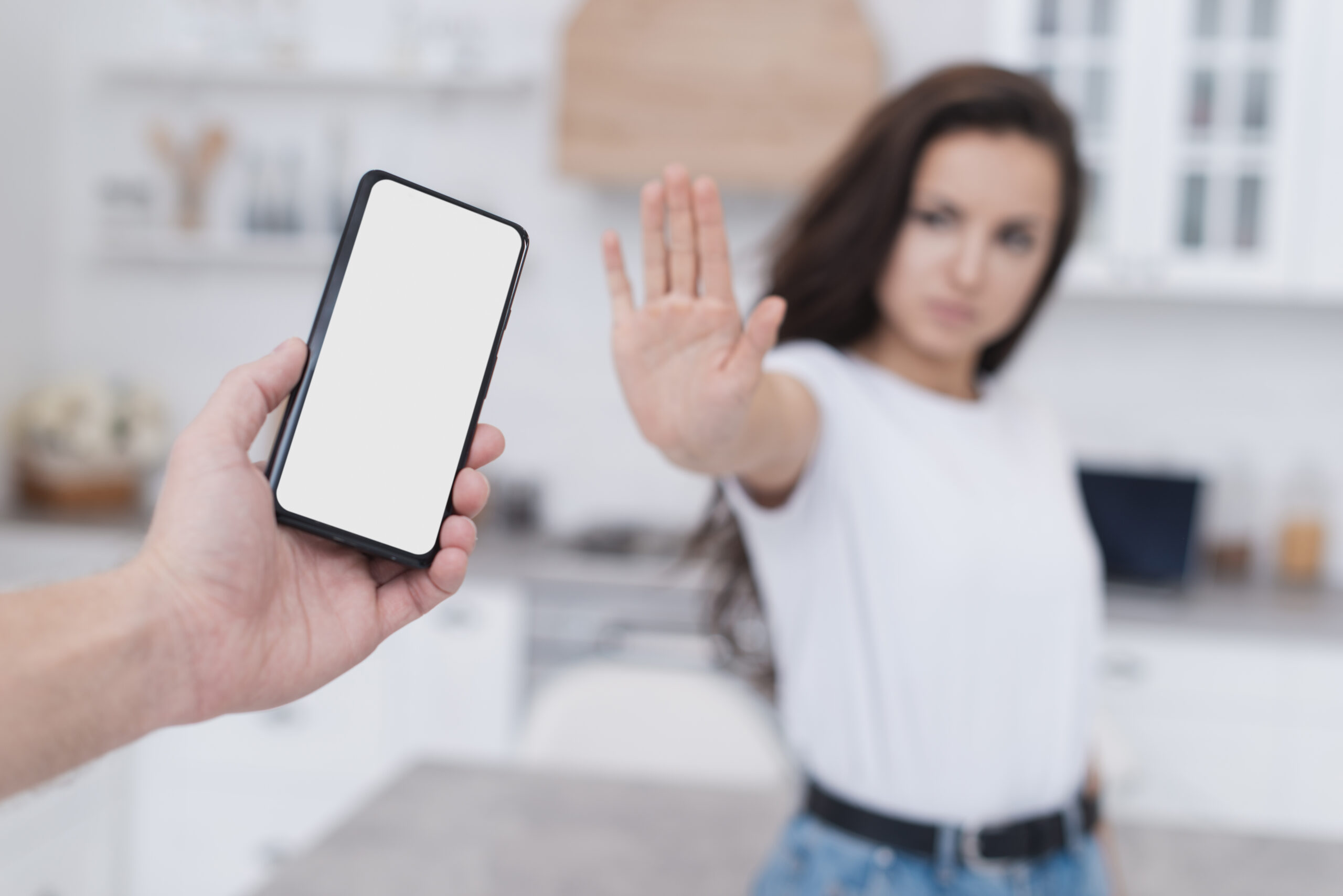 front-view-woman-refusing-holding-phone